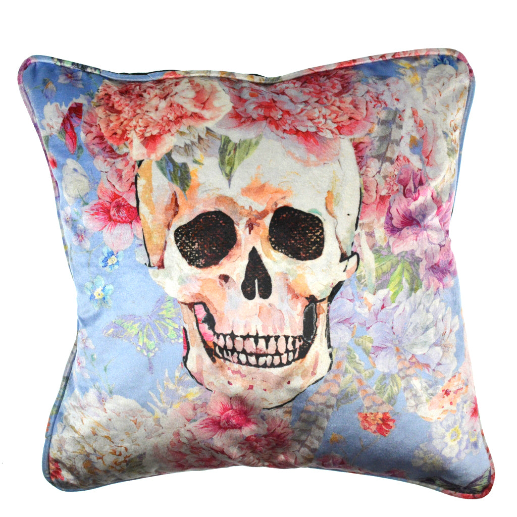 Walter Knabe Pillow 20" Velvet Elegant Skull Floral Blue