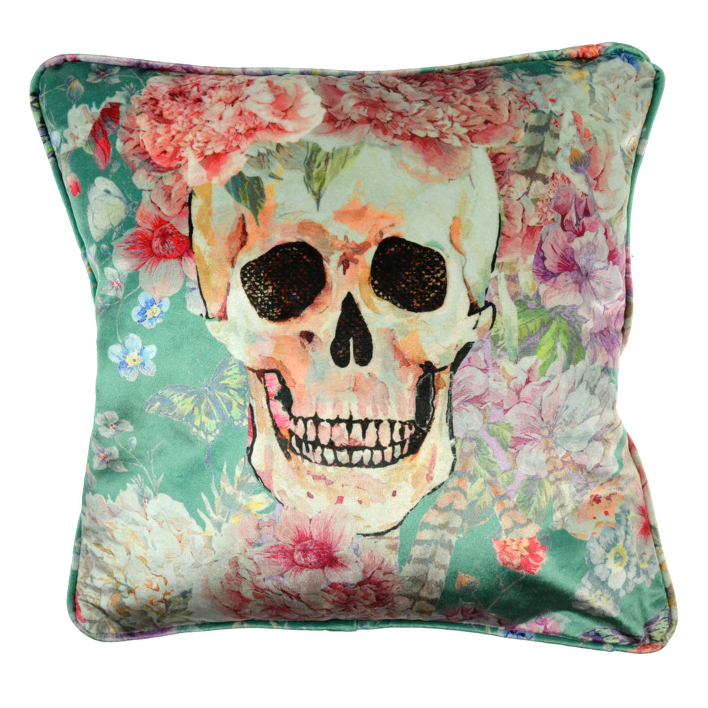Walter Knabe Pillow 20" Velvet Skull Floral Tiffany